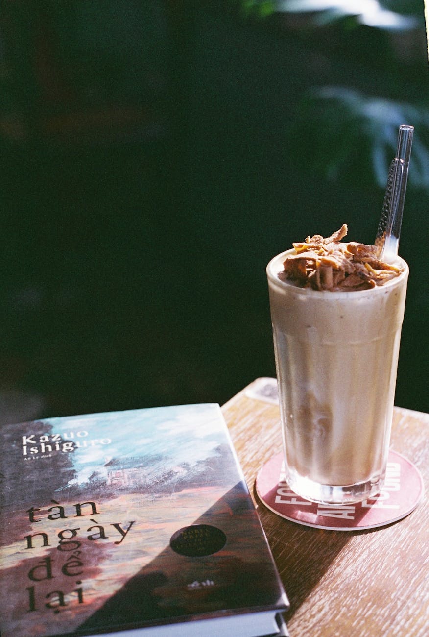 book and a coffee dessert