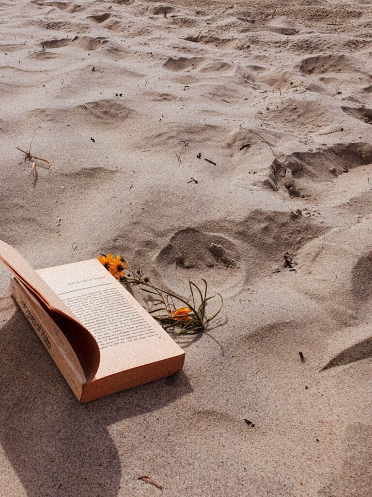 close up photo of book on sand